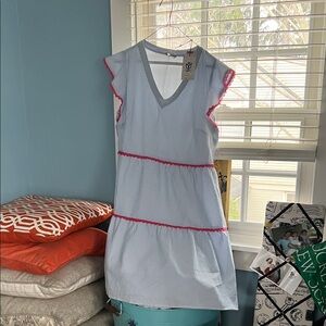 ANDREE BY UNIT Light Blue Pinstripe Midi Dress with Pink Trim